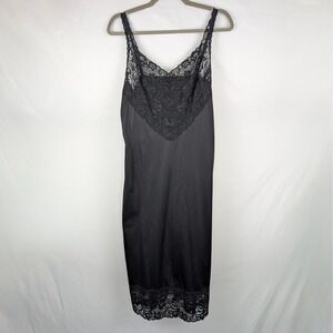 Vtg Vanity Fair Black Nylon Lace Slip Dress Lingerie Nightie Chemise Babydoll